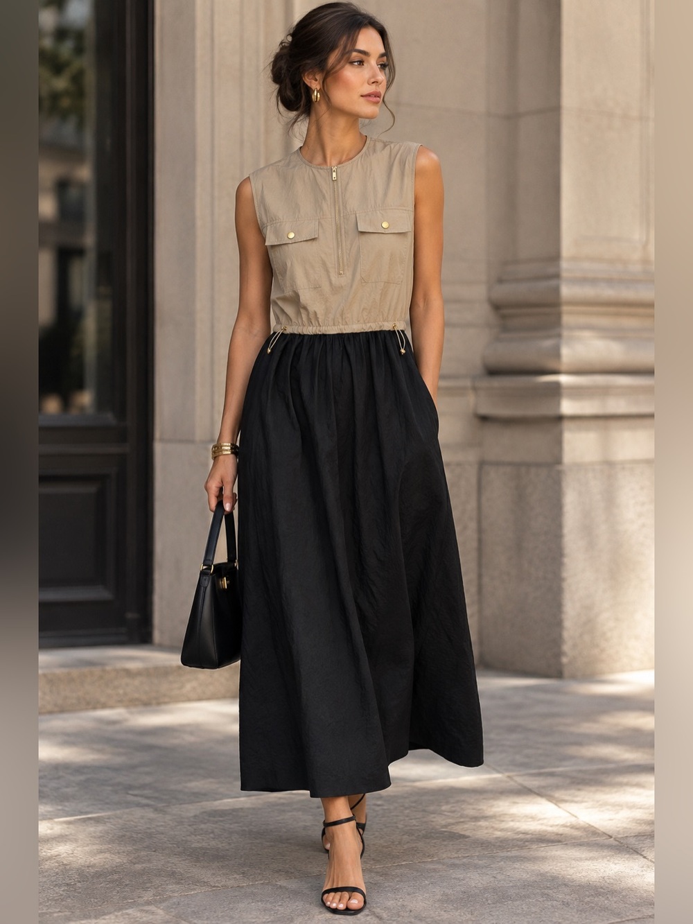 Ellen Tracy Utility Maxi Dress XS NWT Beige Black Sleeveless Zip Front